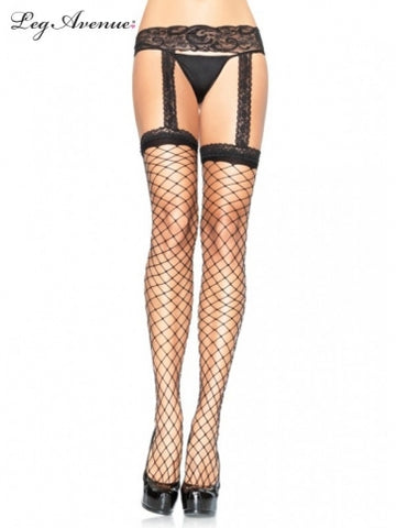 Leg avenue spandex fence net lace top stockings with attached lace garter belt 1769