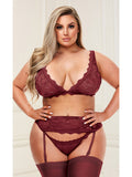 Lace bra,garter skirt & g string set wine 3192